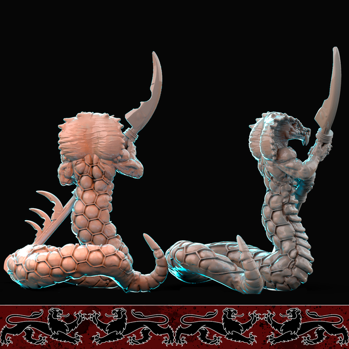 Resin Naga Miniature, 3D Render, Back and Side View.