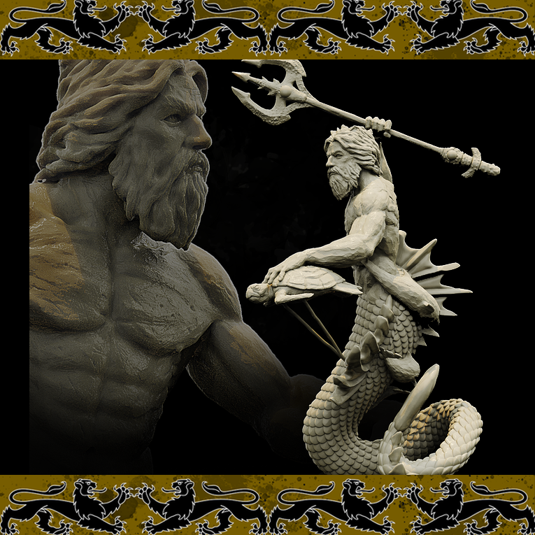 Resin Greek God Neptune Miniature, 3D Render, Side and Front Close Up View.