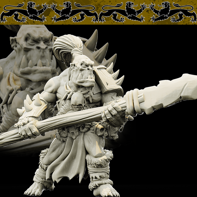 Resin Orc Miniature with Spear (Pose 1), 3D Render, Front View. 