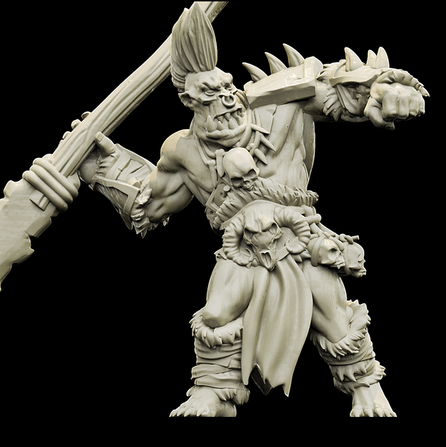 Resin Orc Miniature with Spear (Pose 2), 3D Render, Front View.