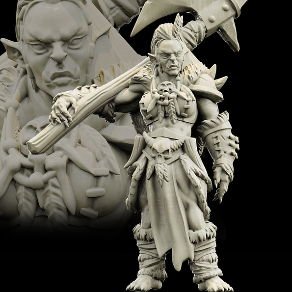 Resin Orc Miniature with Giant Axe (Pose 1), 3D Render, Front and Close Up View.