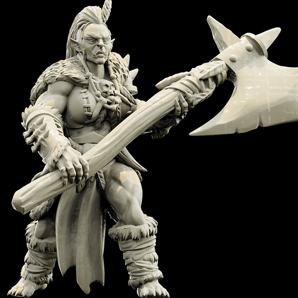 Resin Orc Miniature with Giant Axe (Pose 2), 3D Render, Front View.