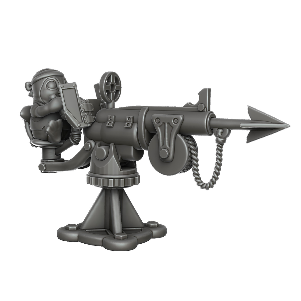 Resin Pirate Penguin Miniature with Harpoon Cannon, 3D Render, Side View.
