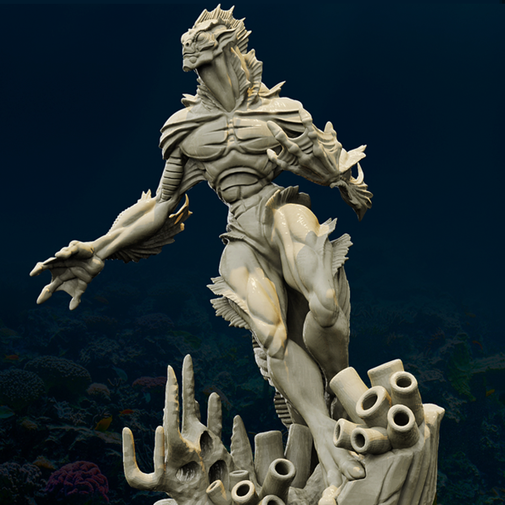 Resin Aquatic Creature Miniature (Pose 1), 3D Render, Front View.