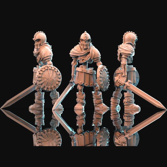 Skeleton Miniature with Sword (Pose 3), 3D Render, Front and Side Views.