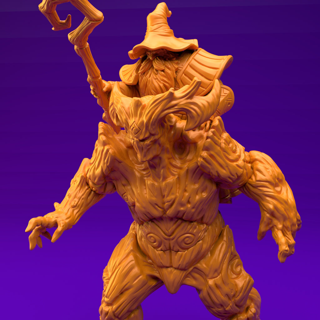 Resin Wizard and Tree Monster Miniature (Pose 1), 3D Render, Close Up Front View. 