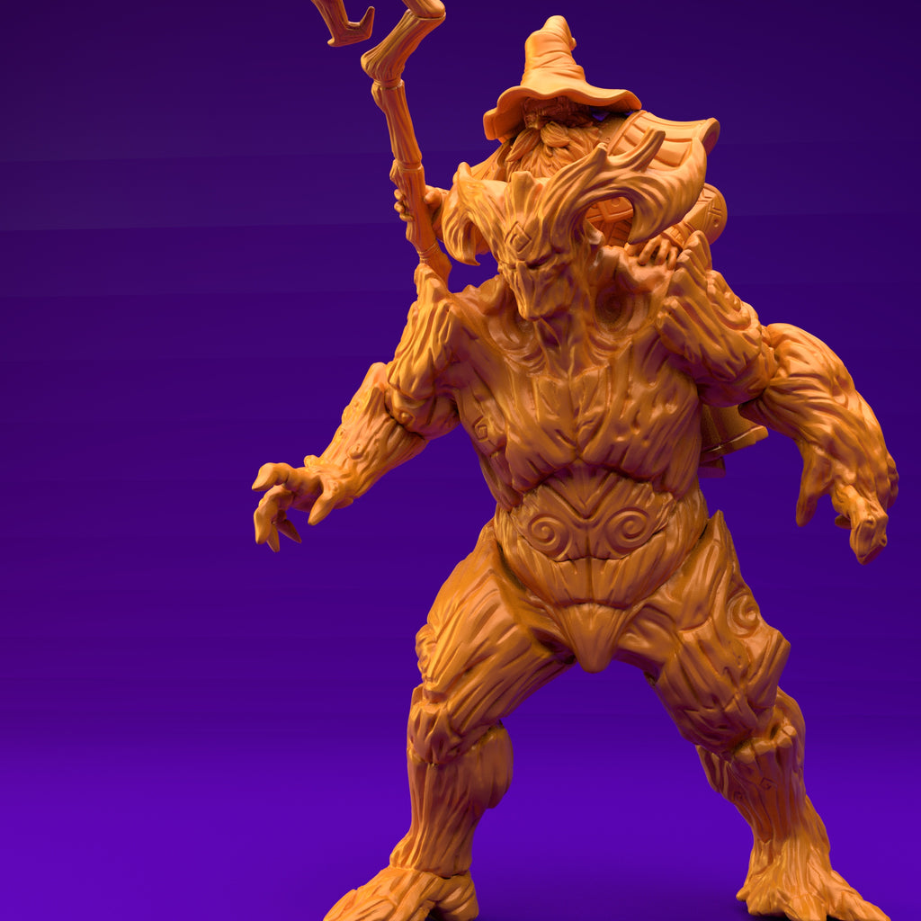 Resin Wizard and Tree Monster Miniature (Pose 1), 3D Render, Front View.
