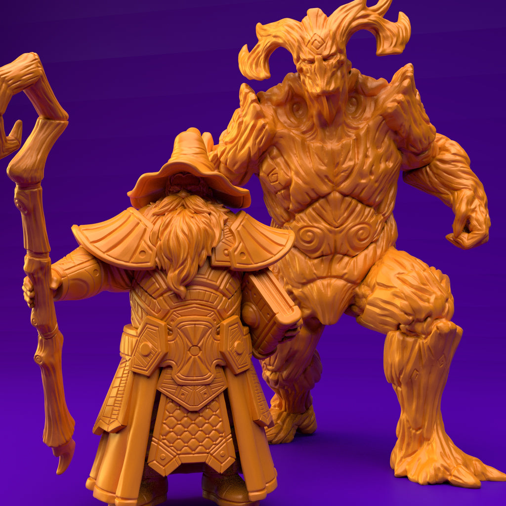 Resin Wizard and Tree Monster Miniature (Pose 2), 3D Render, Front View.