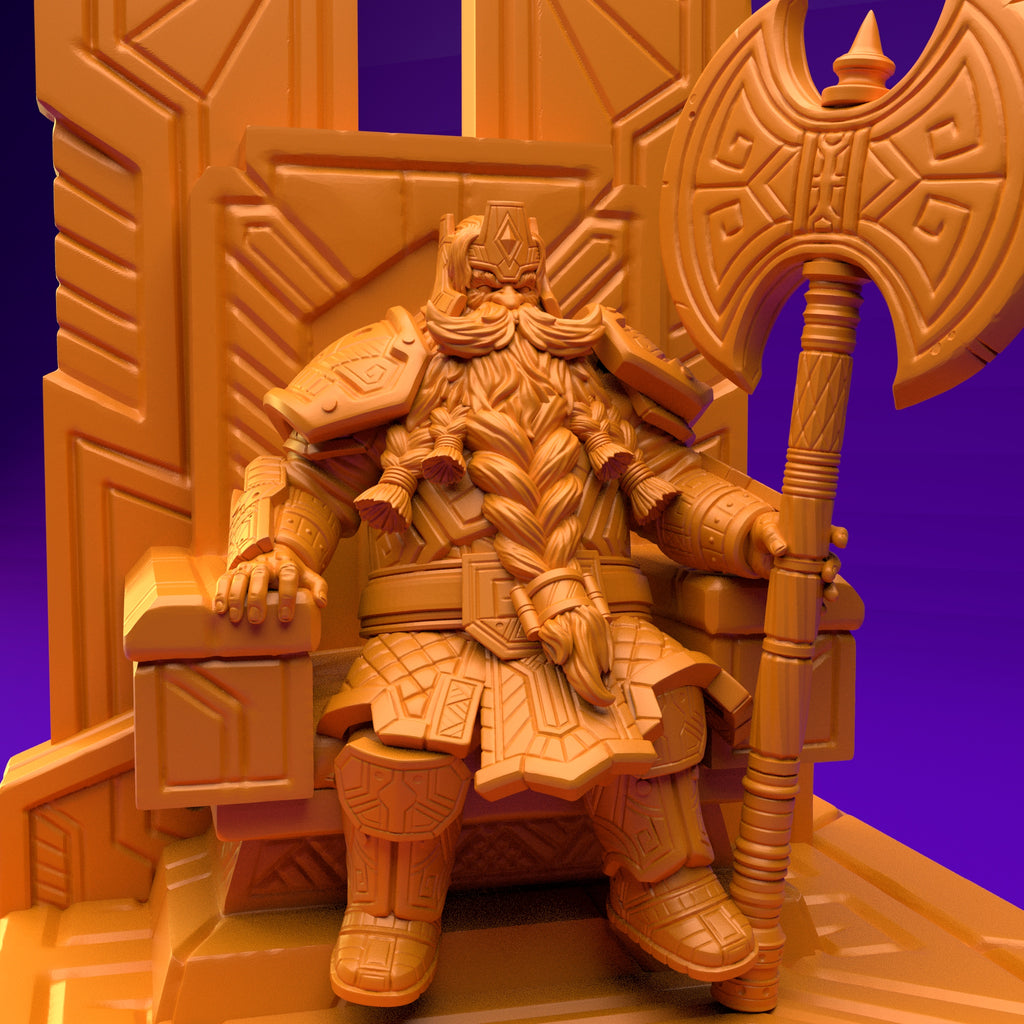Resin Dwarf King and Throne Miniature, 3D Render, Close Up View.