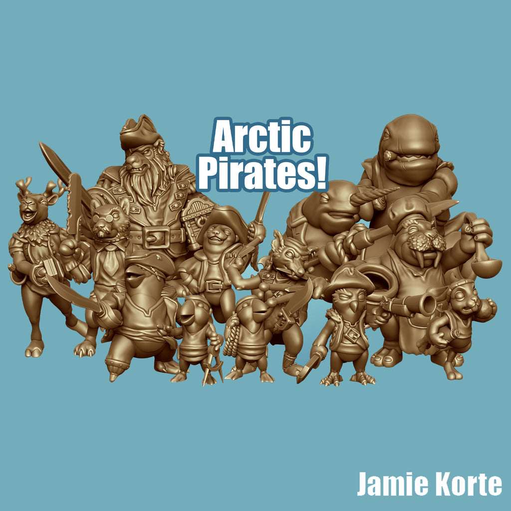 Resin Arctic Pirate Miniature Bundle, 3D Render, Front View. 