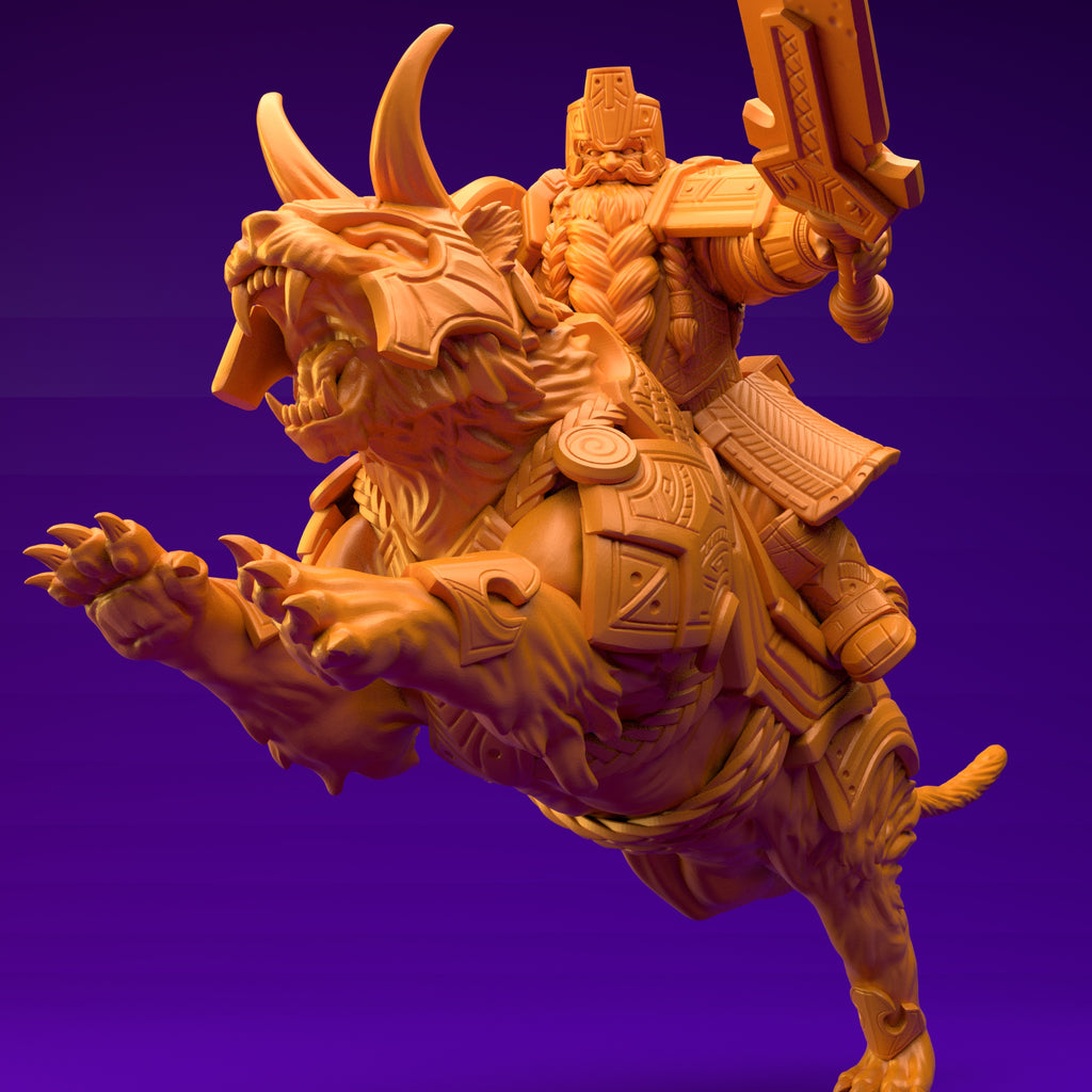 Resin Dwarf Riding a Tiger Miniature (Pose 1), 3D Render, Side View Facing Left. 