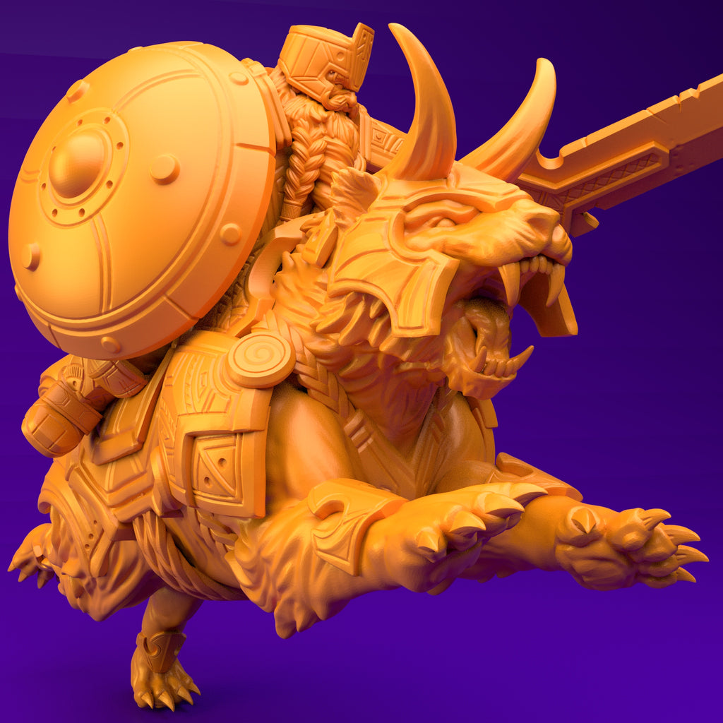 Resin Dwarf Riding a Tiger Miniature (Pose 1), 3D Render, Side View Facing Right.