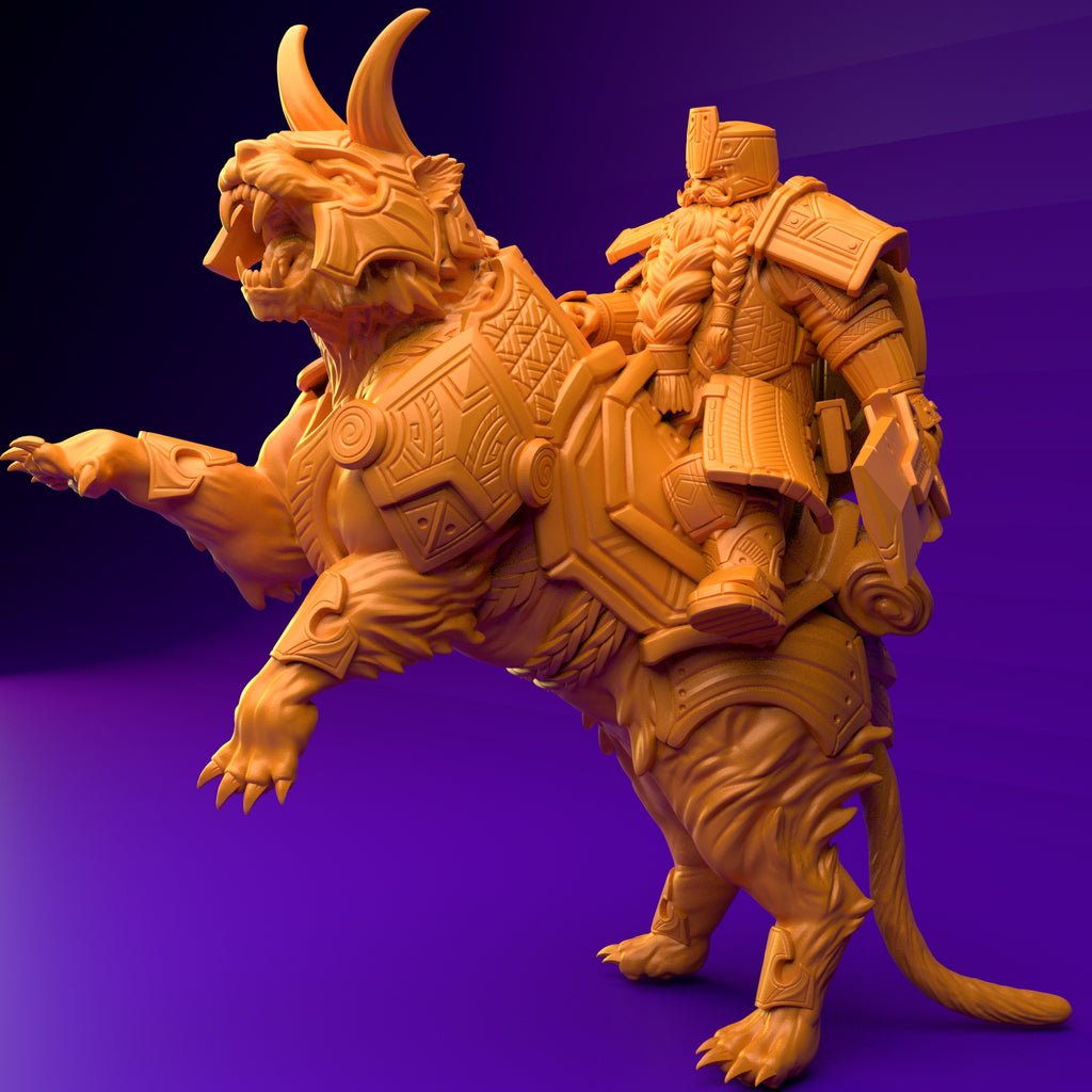 Resin Dwarf Riding a Tiger Miniature (Pose 3), 3D Render, Side View Facing Left.