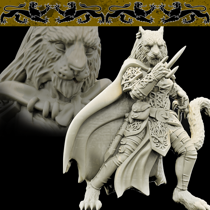 Resin Ishu Tigress Miniature (Pose 1), 3D Render, Front and Close Up View.