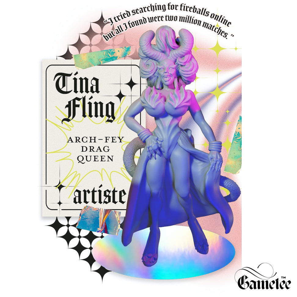 Resin Queen Tina Fling Miniature, 3D Render, Front View.