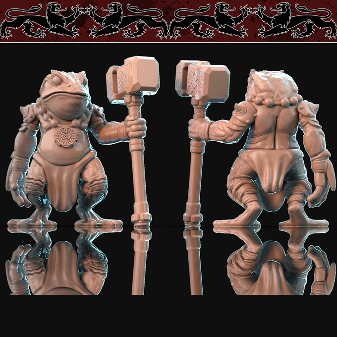 Resin Toad Miniature with Hammer (Pose 1), 3D Render, Front and Back View. 
