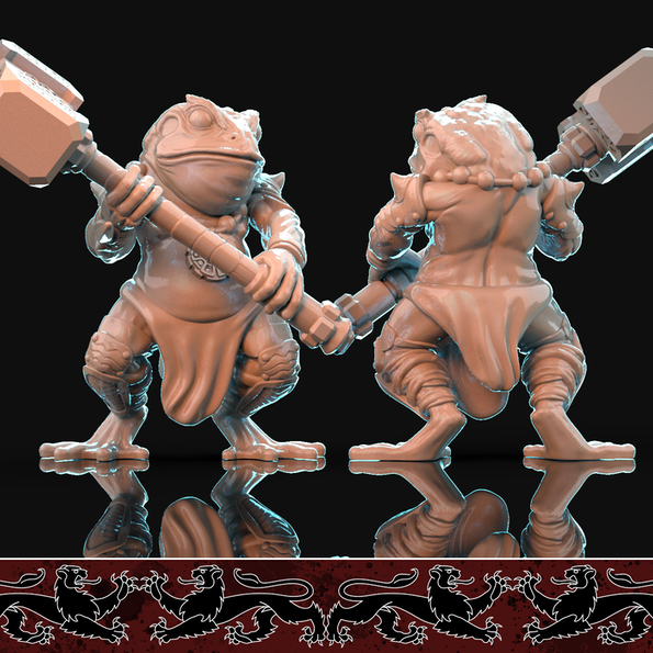 Resin Toad Miniature with Hammer (Pose 2), 3D Render, Front and Back View.