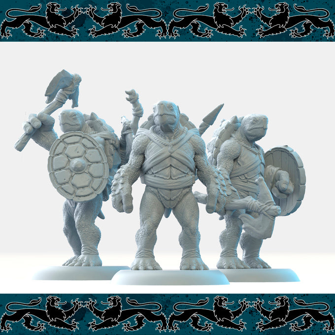 Resin Turtlefolk Miniature (Pose 1,2,3), 3D Render, Front Views.