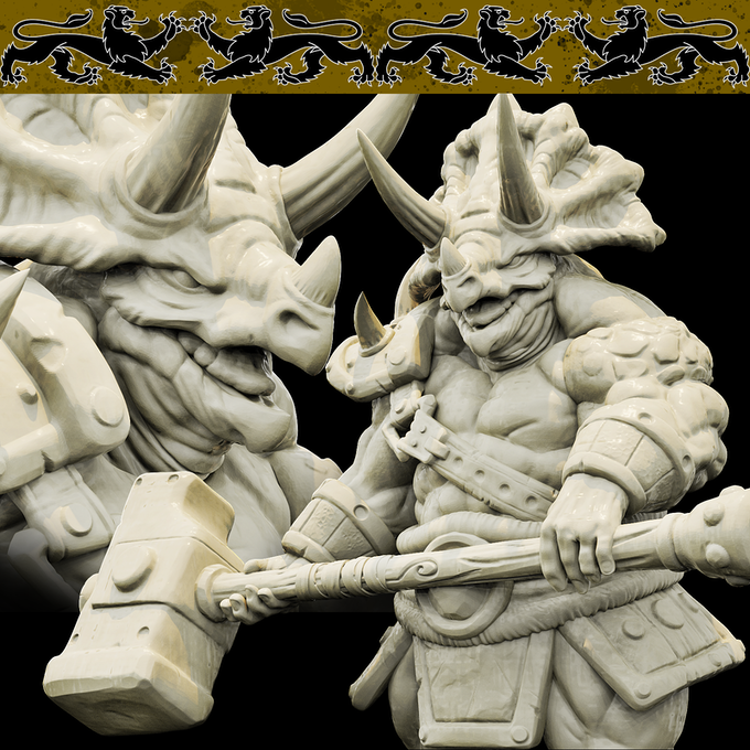 Resin Triceratops Warrior Miniature (Pose 1), 3D Render, Front and Close View. 