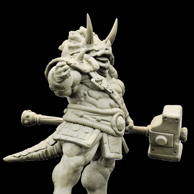 Resin Triceratops Warrior Miniature (Pose 2), 3D Render, Front View.