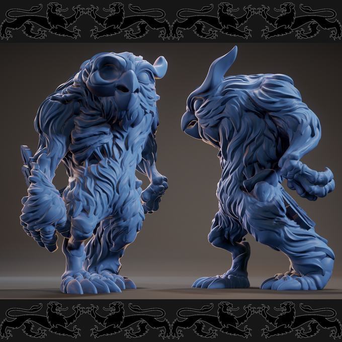 Resin Undead Nightowl Miniature, 3D Render, Front and Left Facing  Side View.