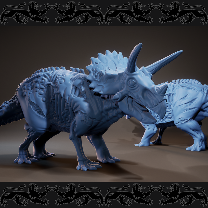 Resin Undead Triceratops Miniature, 3D Render, Side Views. 