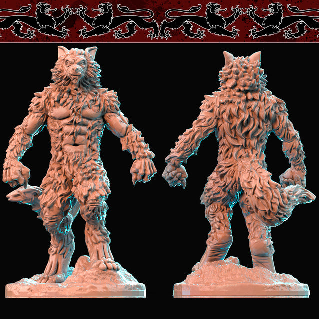 Resin Werewolf Miniature with Tail (Pose 1), 3D Render, Front and Back View. 