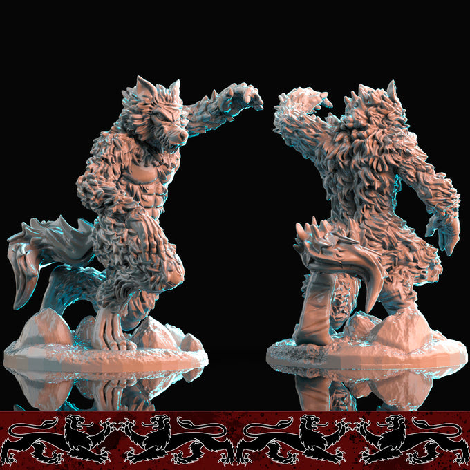 Resin Werewolf Miniature with Tail (Pose 2), 3D Render, Side and Back View.