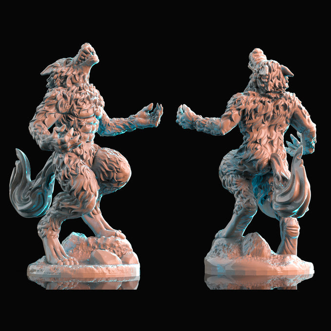 Resin Werewolf Miniature with Tail (Pose 3), 3D Render, Side and Back View.