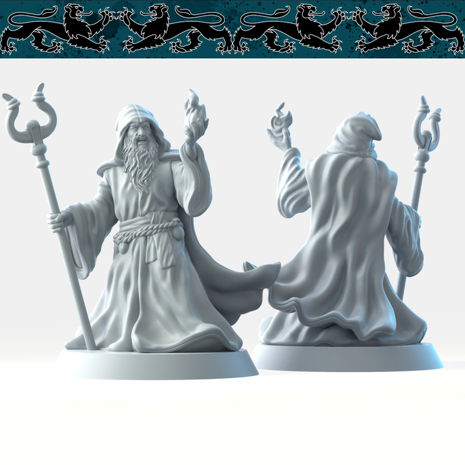 Resin Wizard Miniature, 3D Render, Front and Back View. 