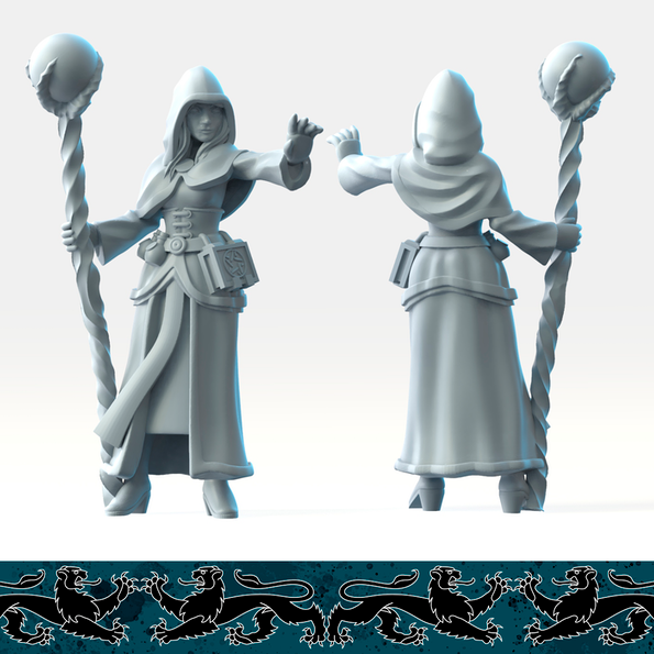Resin Witch Miniature, 3D Render, Front and Back View. 
