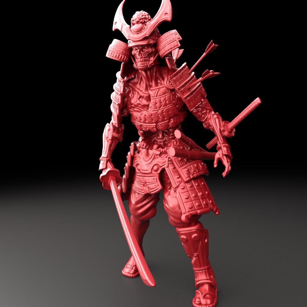 Resin Zombie Samurai Miniature (Pose 1), 3D Render, Front View.