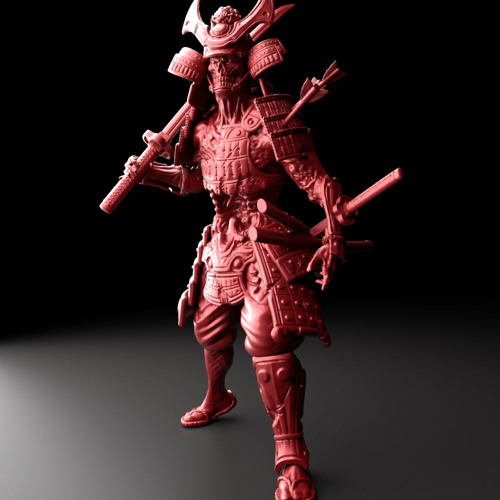 Resin Zombie Samurai Miniature (Pose 2), 3D Render, Front View.