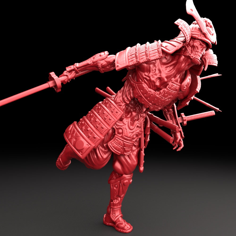 Resin Zombie Samurai Miniature (Pose 3), 3D Render, Front View.