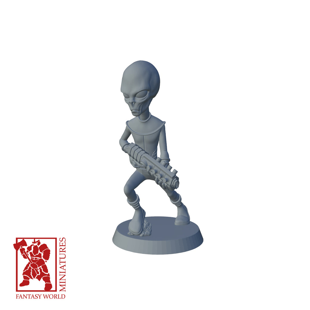 Resin Extra Terrestrial Miniature with Particle Gun (Pose 1), 3D render, front view.