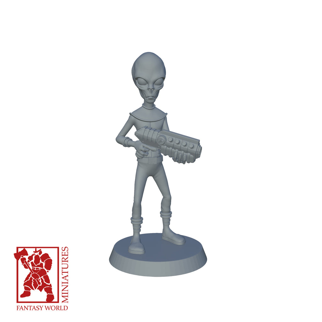 Resin Extra Terrestrial Miniature with Particle Gun (Pose 2), 3D render, front view.