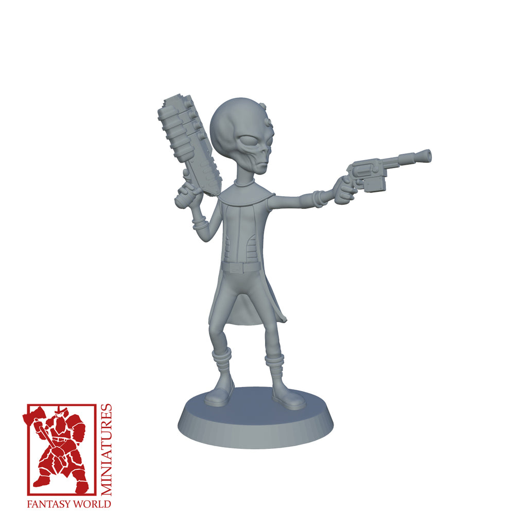 Resin Extra Terrestrial Miniature with Blaster Gun and Particle Gun, 3D render, front view.