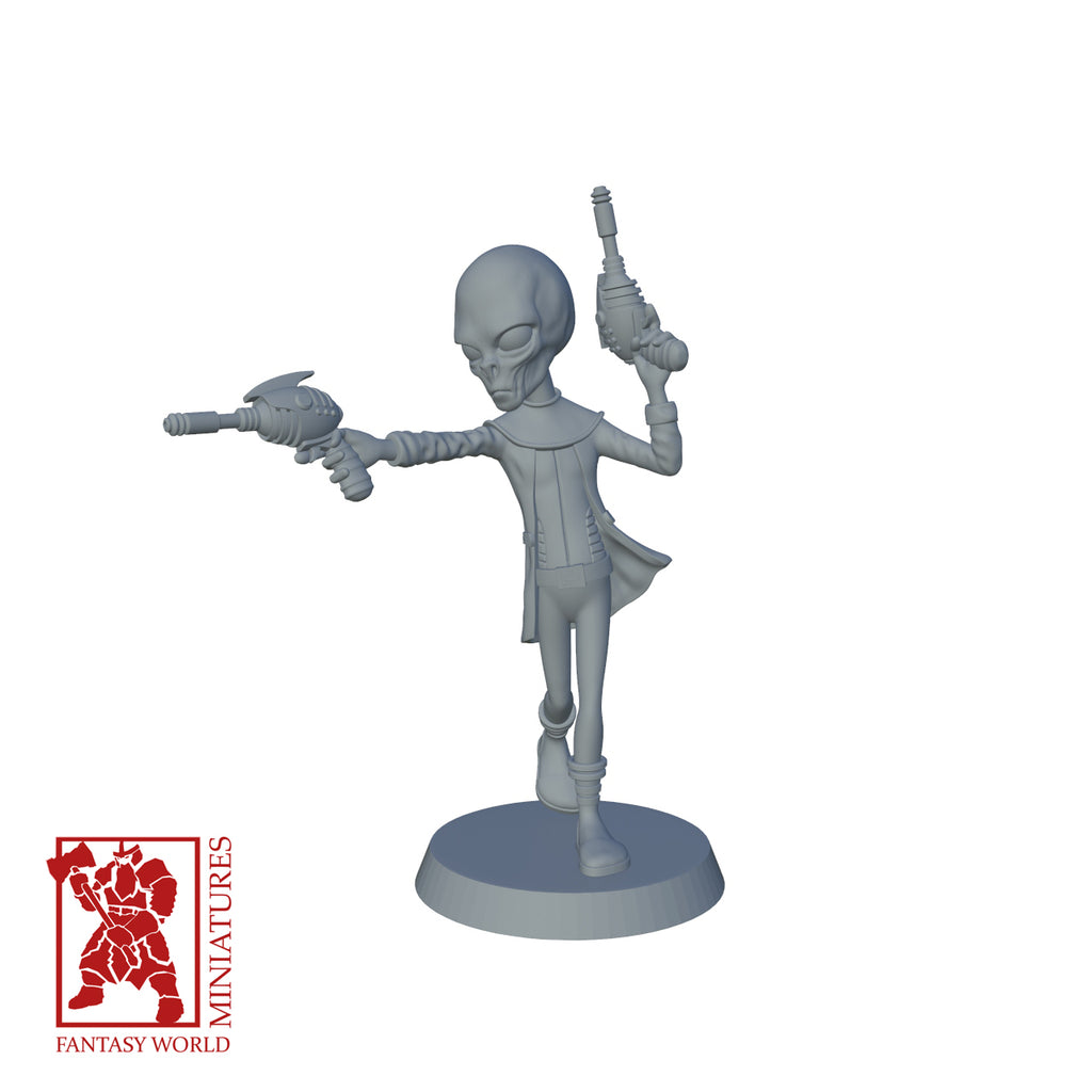 Resin Extra Terrestrial Miniature with Dual Blaster Guns, 3D render, front view.
