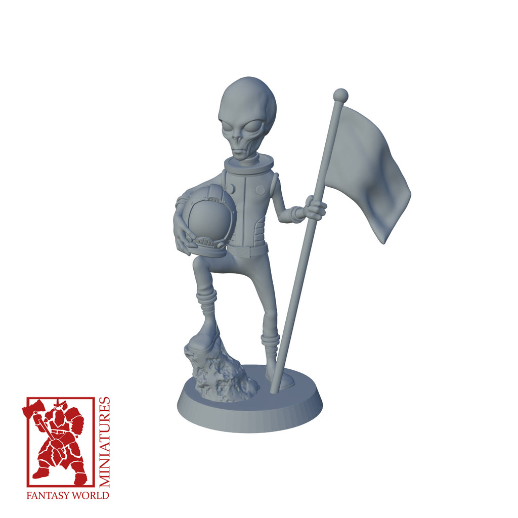 Resin Extra Terrestrial Miniature with Flag, 3D render, front view.