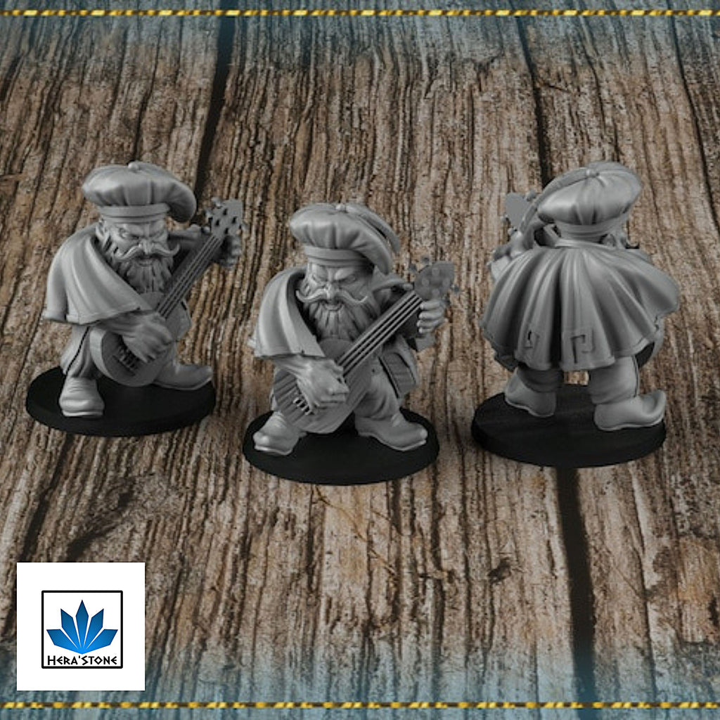 Resin Dwarf Bard Miniature, 3D render, front, side and back view.
