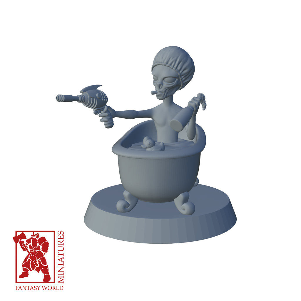 Resin Extra Terrestrial Miniature in Bathtub, 3D render, front view.