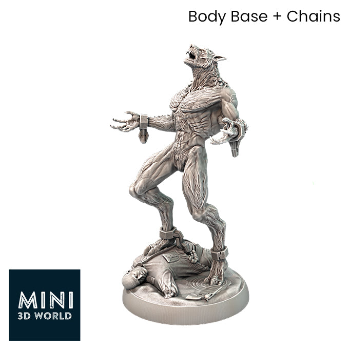 Resin Werewolf Miniature with Body Base and Chains, 3D Render, Side View.