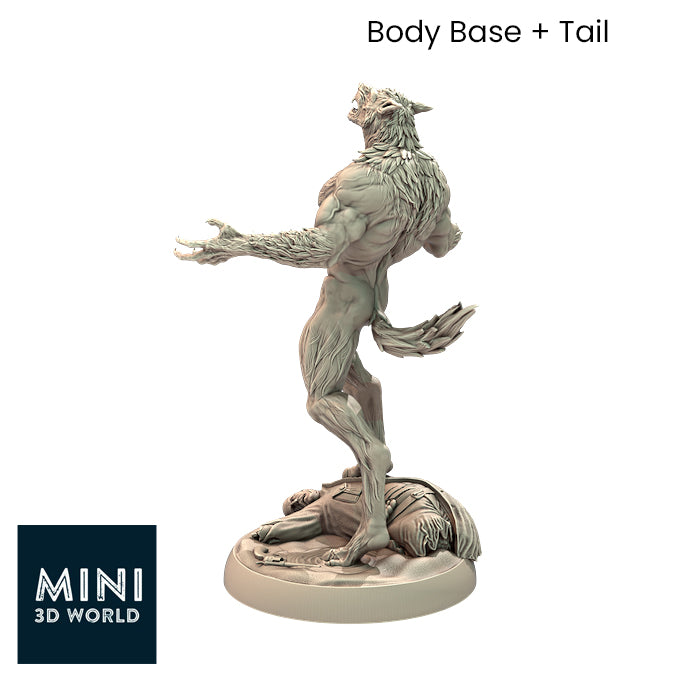 Resin Werewolf Miniature with Body Base and Tail, 3D Render, Back View.