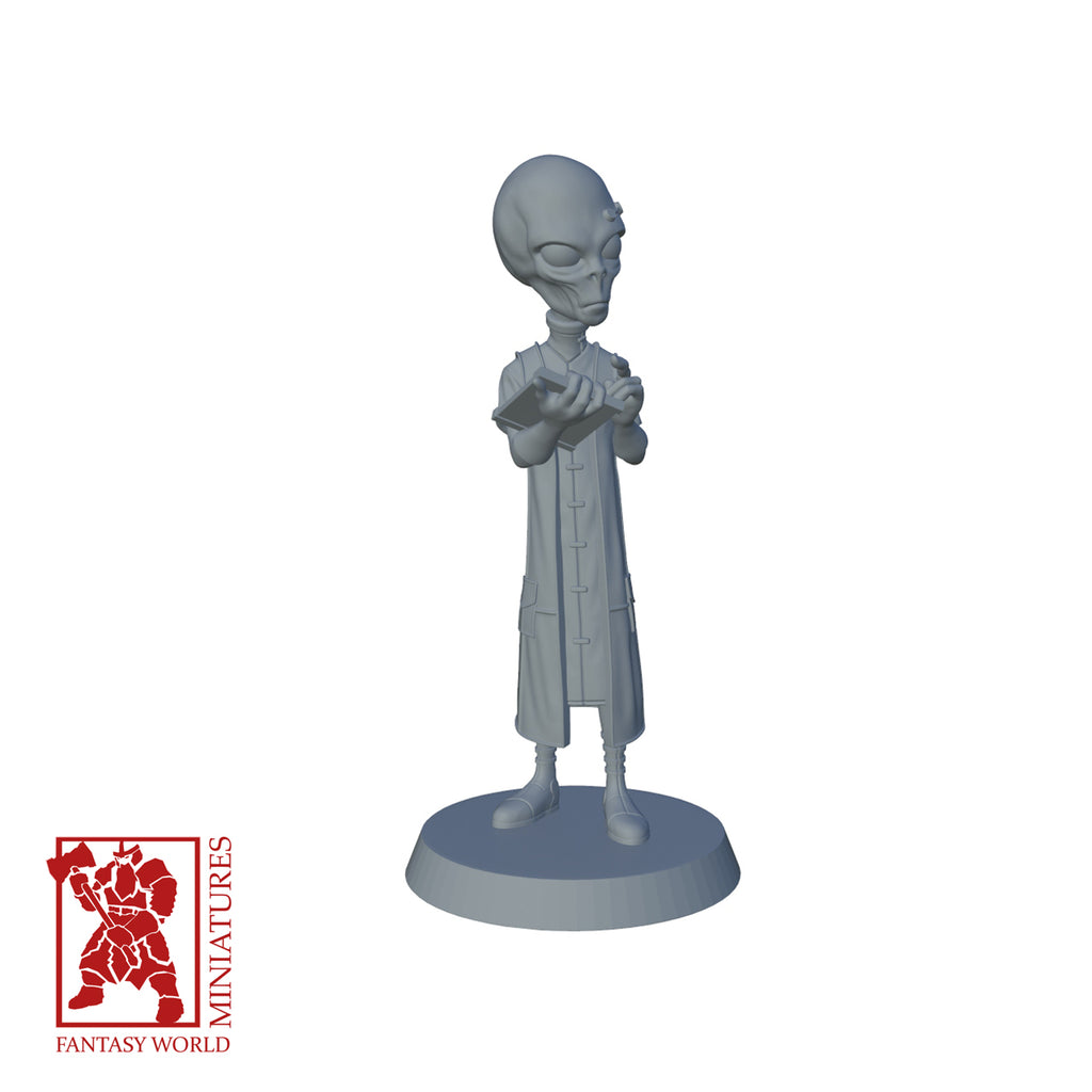 Resin Extra Terrestrial Miniature with Book, 3D render, front view.