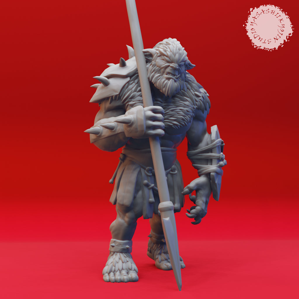Resin Bugbear Miniature with Spear, 3D render, side view.