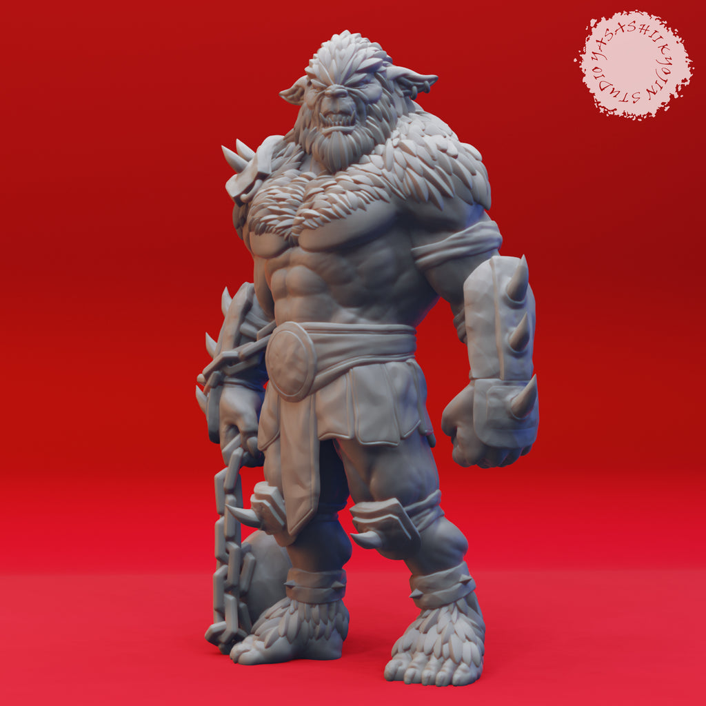 Resin Bugbear Miniature with Chains, 3D render, side view.