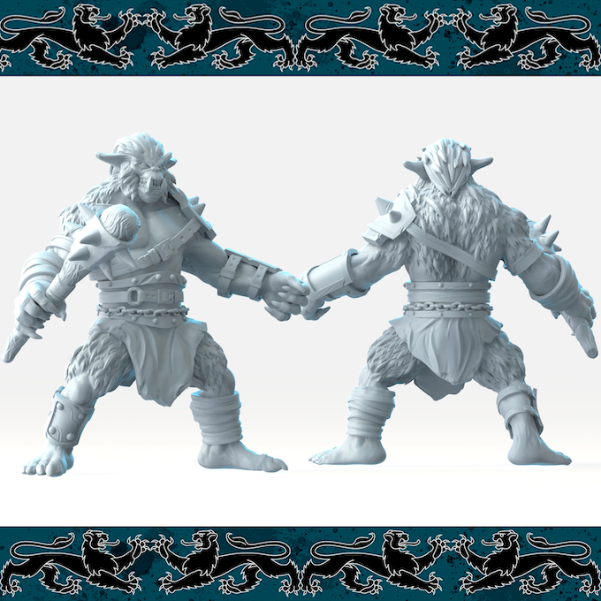 Resin Bugbear Miniature with Club (Pose 3), 3D Render, Front and Back View.