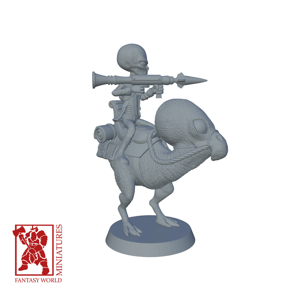 Resin Extra Terrestrial Miniature with Rocket Launcher and Bird Mount, 3D render, side view.