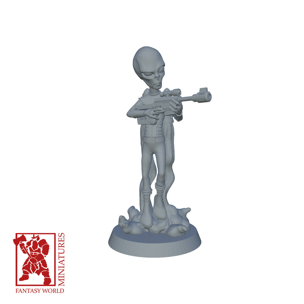 Resin Extra Terrestrial Miniature with Jetpack, 3D render, front view.