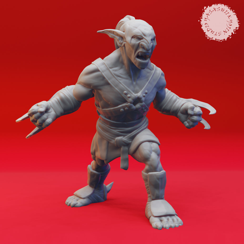 Resin Goblin Miniature with Claws, 3D render, front view.
